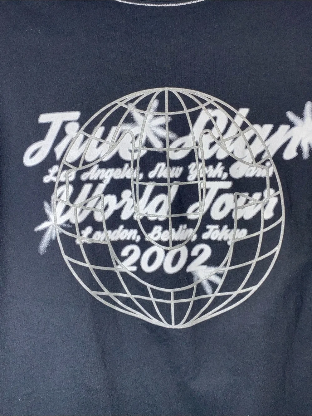NWT True Religion World Tour 2002 Graphic T-Shirt Black V-Neck Short Sleeve